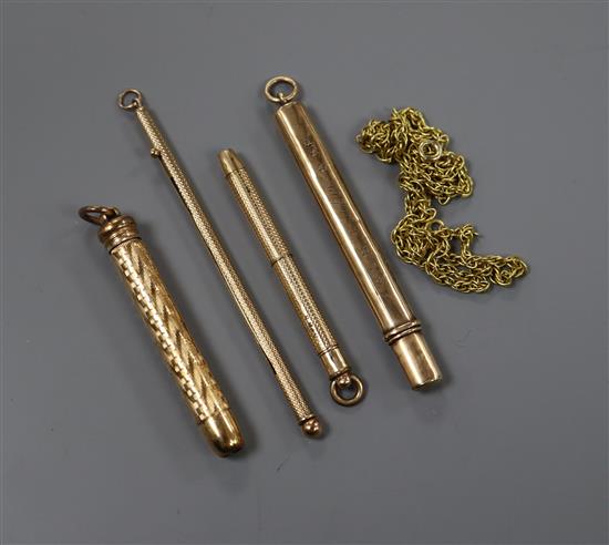 A 9ct gold swizzle stick, by Sampson Mordan & Co, a 9k chain, a 9ct gold pencil holder and two propelling pencils.